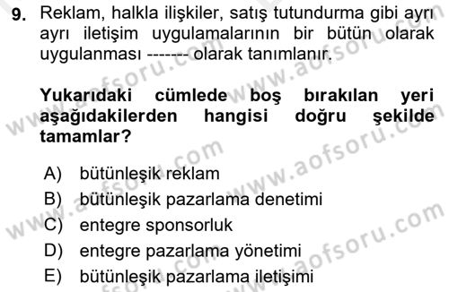 Sporda Sponsorluk Dersi 2018 - 2019 Yılı (Vize) Ara Sınav Soruları 9. Soru