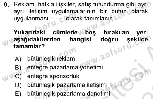 Sporda Sponsorluk Dersi 2021 - 2022 Yılı (Vize) Ara Sınav Soruları 9. Soru