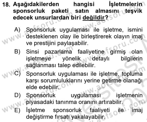 Sporda Sponsorluk Dersi 2023 - 2024 Yılı (Final) Dönem Sonu Sınav Soruları 18. Soru