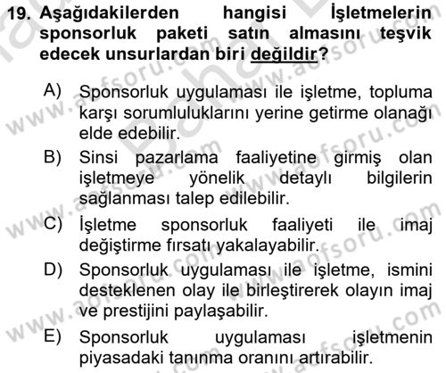 Sporda Sponsorluk Dersi 2024 - 2025 Yılı (Final) Dönem Sonu Sınav Soruları 19. Soru