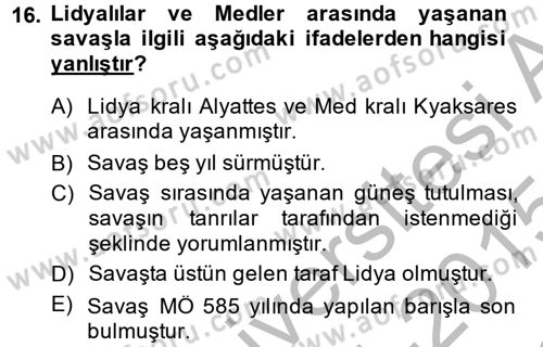 Eski Anadolu Tarihi Dersi 2014 - 2015 Yılı (Final) Dönem Sonu Sınav Soruları 16. Soru