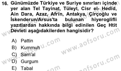 Eski Anadolu Tarihi Dersi 2016 - 2017 Yılı (Vize) Ara Sınav Soruları 16. Soru