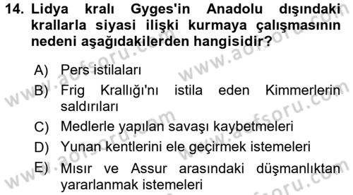 Eski Anadolu Tarihi Dersi 2016 - 2017 Yılı (Final) Dönem Sonu Sınav Soruları 14. Soru