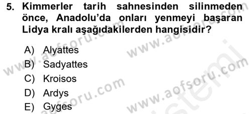 Eski Anadolu Tarihi Dersi 2017 - 2018 Yılı (Final) Dönem Sonu Sınav Soruları 5. Soru