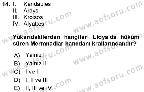 Eski Anadolu Tarihi Dersi 2018 - 2019 Yılı (Final) Dönem Sonu Sınav Soruları 14. Soru