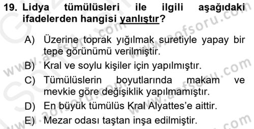 Eski Anadolu Tarihi Dersi 2018 - 2019 Yılı (Final) Dönem Sonu Sınav Soruları 19. Soru