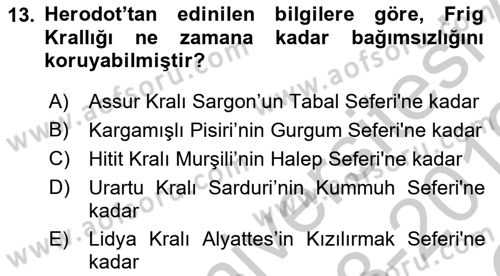 Eski Anadolu Tarihi Dersi 2018 - 2019 Yılı Yaz Okulu Sınav Soruları 13. Soru