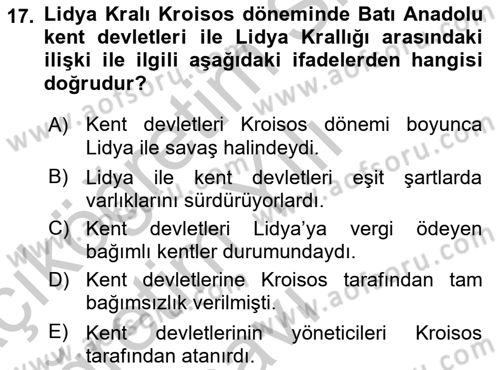 Eski Anadolu Tarihi Dersi 2018 - 2019 Yılı Yaz Okulu Sınav Soruları 17. Soru