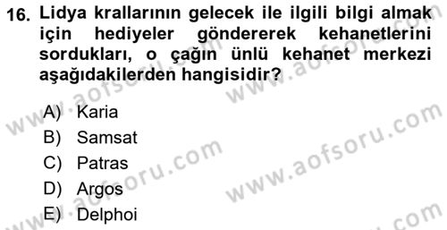 Eski Anadolu Tarihi Dersi 2021 - 2022 Yılı (Final) Dönem Sonu Sınav Soruları 16. Soru
