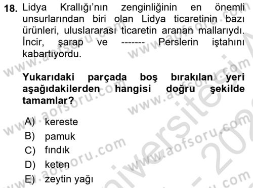 Eski Anadolu Tarihi Dersi 2021 - 2022 Yılı (Final) Dönem Sonu Sınav Soruları 18. Soru