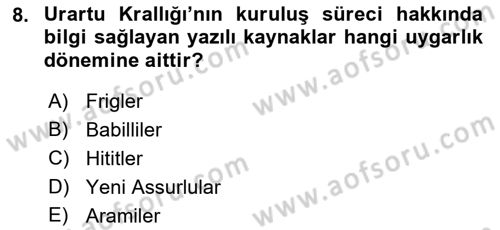 Eski Anadolu Tarihi Dersi 2021 - 2022 Yılı (Final) Dönem Sonu Sınav Soruları 8. Soru
