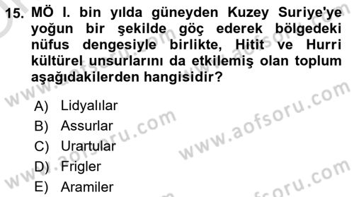Eski Anadolu Tarihi Dersi 2021 - 2022 Yılı Yaz Okulu Sınav Soruları 15. Soru