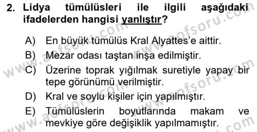 Eski Anadolu Tarihi Dersi 2022 - 2023 Yılı (Final) Dönem Sonu Sınav Soruları 2. Soru