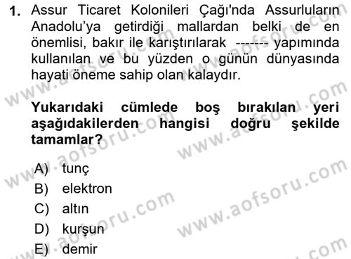 Eski Anadolu Tarihi Dersi 2023 - 2024 Yılı (Vize) Ara Sınav Soruları 1. Soru
