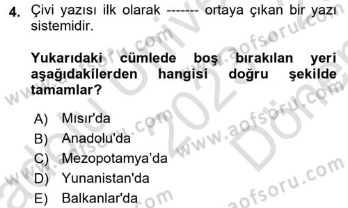Eski Anadolu Tarihi Dersi 2023 - 2024 Yılı (Final) Dönem Sonu Sınav Soruları 4. Soru