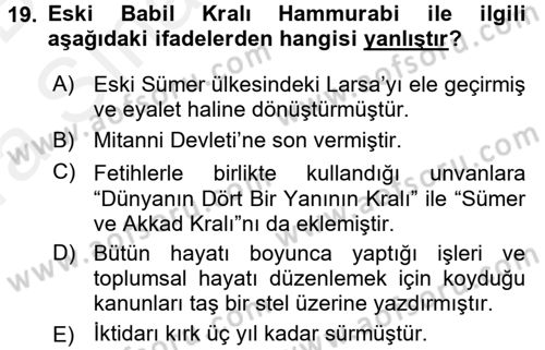 Eski Mezopotamya ve Mısır Tarihi Dersi 2015 - 2016 Yılı (Vize) Ara Sınav Soruları 19. Soru