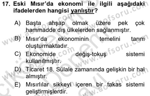 Eski Mezopotamya ve Mısır Tarihi Dersi 2016 - 2017 Yılı (Final) Dönem Sonu Sınav Soruları 17. Soru