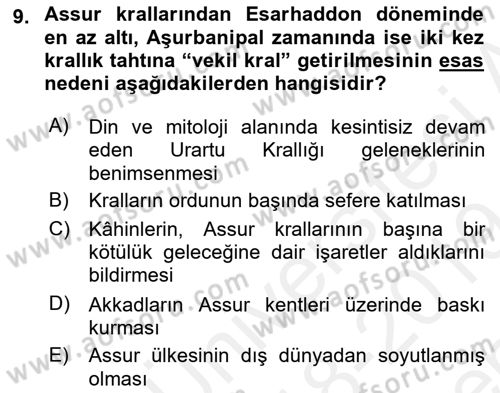 Eski Mezopotamya ve Mısır Tarihi Dersi 2018 - 2019 Yılı (Final) Dönem Sonu Sınav Soruları 9. Soru