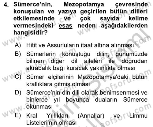 Eski Mezopotamya ve Mısır Tarihi Dersi 2018 - 2019 Yılı Yaz Okulu Sınav Soruları 4. Soru