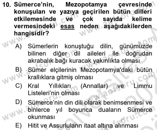 Eski Mezopotamya ve Mısır Tarihi Dersi 2021 - 2022 Yılı (Vize) Ara Sınav Soruları 10. Soru