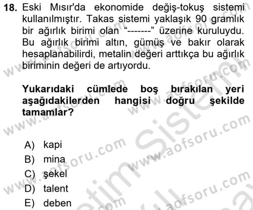 Eski Mezopotamya ve Mısır Tarihi Dersi 2023 - 2024 Yılı (Final) Dönem Sonu Sınav Soruları 18. Soru