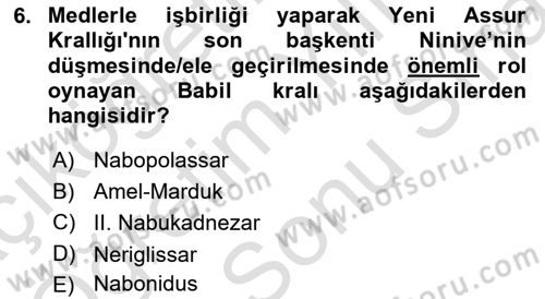 Eski Mezopotamya ve Mısır Tarihi Dersi 2023 - 2024 Yılı (Final) Dönem Sonu Sınav Soruları 6. Soru