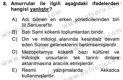 Eski Mezopotamya ve Mısır Tarihi Dersi 2023 - 2024 Yılı Yaz Okulu Sınav Soruları 8. Soru