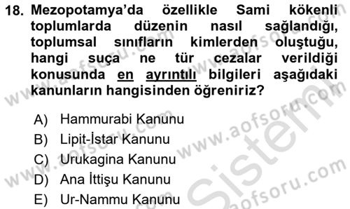 Eski Mezopotamya ve Mısır Tarihi Dersi 2025 - 2026 Yılı (Vize) Ara Sınav Soruları 18. Soru