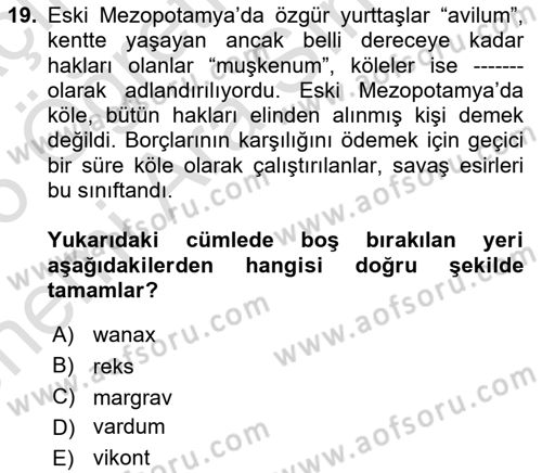 Eski Mezopotamya ve Mısır Tarihi Dersi 2025 - 2026 Yılı (Vize) Ara Sınav Soruları 19. Soru