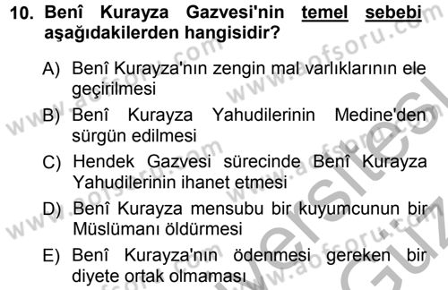 İslam Tarihi ve Medeniyeti 1 Dersi Ara Sınavı Deneme Sınav Soruları 10. Soru