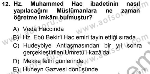 İslam Tarihi ve Medeniyeti 1 Dersi 2012 - 2013 Yılı (Vize) Ara Sınav Soruları 12. Soru