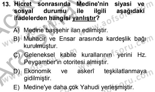 İslam Tarihi ve Medeniyeti 1 Dersi 2012 - 2013 Yılı (Vize) Ara Sınav Soruları 13. Soru