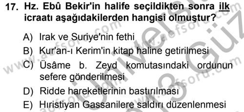 İslam Tarihi ve Medeniyeti 1 Dersi Ara Sınavı Deneme Sınav Soruları 17. Soru