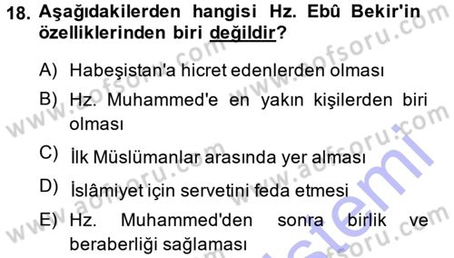 İslam Tarihi ve Medeniyeti 1 Dersi Ara Sınavı Deneme Sınav Soruları 18. Soru