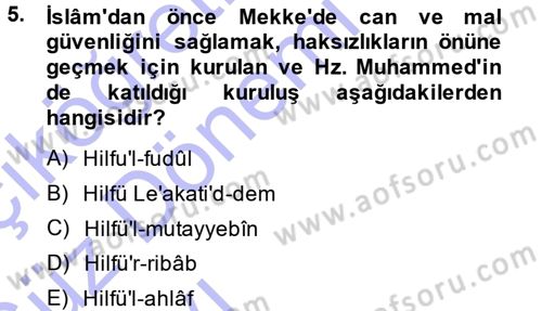 İslam Tarihi ve Medeniyeti 1 Dersi Ara Sınavı Deneme Sınav Soruları 5. Soru