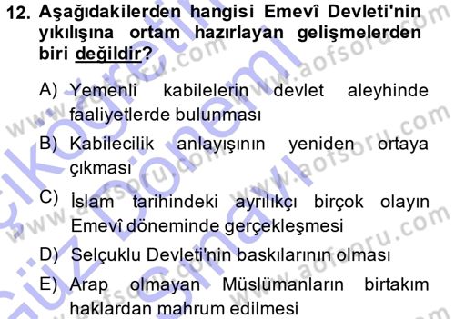 İslam Tarihi ve Medeniyeti 1 Dersi 2013 - 2014 Yılı (Final) Dönem Sonu Sınav Soruları 12. Soru