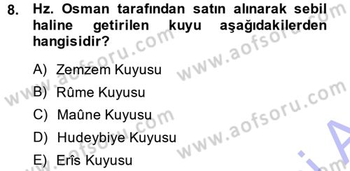 İslam Tarihi ve Medeniyeti 1 Dersi 2013 - 2014 Yılı (Final) Dönem Sonu Sınav Soruları 8. Soru