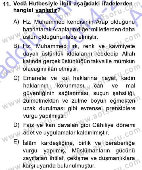 İslam Tarihi ve Medeniyeti 1 Dersi Ara Sınavı Deneme Sınav Soruları 11. Soru