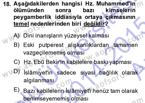 İslam Tarihi ve Medeniyeti 1 Dersi 2014 - 2015 Yılı (Vize) Ara Sınav Soruları 18. Soru