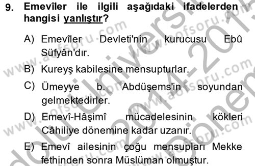 İslam Tarihi ve Medeniyeti 1 Dersi 2014 - 2015 Yılı (Final) Dönem Sonu Sınav Soruları 9. Soru