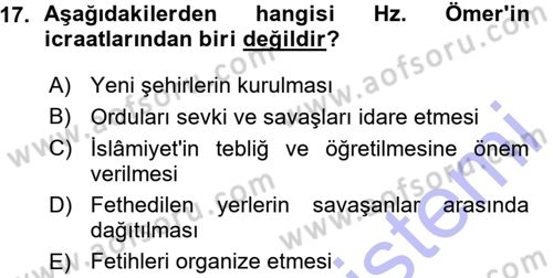 İslam Tarihi ve Medeniyeti 1 Dersi Ara Sınavı Deneme Sınav Soruları 17. Soru
