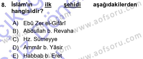 İslam Tarihi ve Medeniyeti 1 Dersi Ara Sınavı Deneme Sınav Soruları 8. Soru