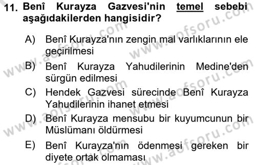 İslam Tarihi ve Medeniyeti 1 Dersi Ara Sınavı Deneme Sınav Soruları 11. Soru