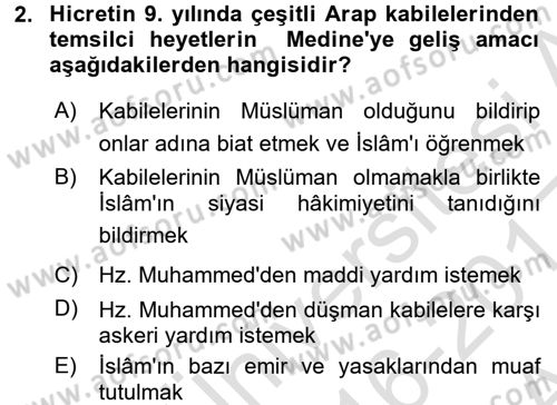 İslam Tarihi ve Medeniyeti 1 Dersi Ara Sınavı Deneme Sınav Soruları 2. Soru