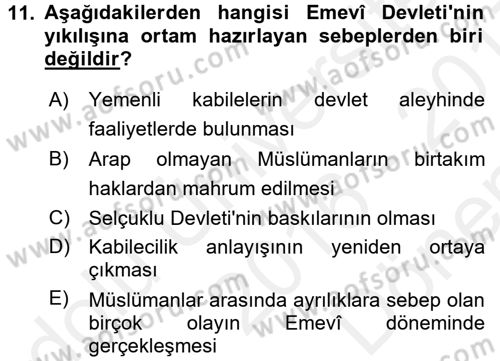 İslam Tarihi ve Medeniyeti 1 Dersi 2016 - 2017 Yılı (Final) Dönem Sonu Sınav Soruları 11. Soru