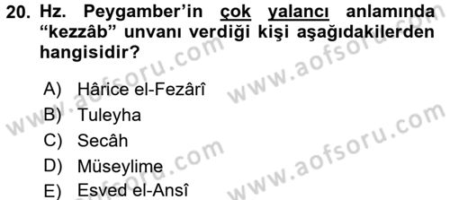 İslam Tarihi ve Medeniyeti 1 Dersi Ara Sınavı Deneme Sınav Soruları 20. Soru