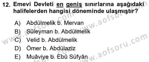 İslam Tarihi ve Medeniyeti 1 Dersi 2018 - 2019 Yılı (Final) Dönem Sonu Sınav Soruları 12. Soru