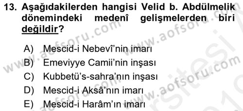 İslam Tarihi ve Medeniyeti 1 Dersi 2018 - 2019 Yılı (Final) Dönem Sonu Sınav Soruları 13. Soru