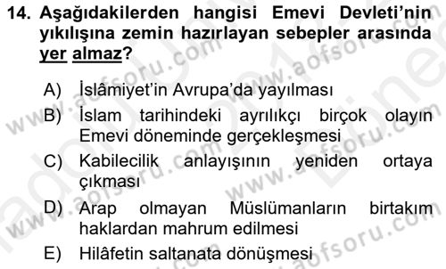 İslam Tarihi ve Medeniyeti 1 Dersi 2018 - 2019 Yılı (Final) Dönem Sonu Sınav Soruları 14. Soru