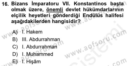İslam Tarihi ve Medeniyeti 1 Dersi 2018 - 2019 Yılı (Final) Dönem Sonu Sınav Soruları 16. Soru